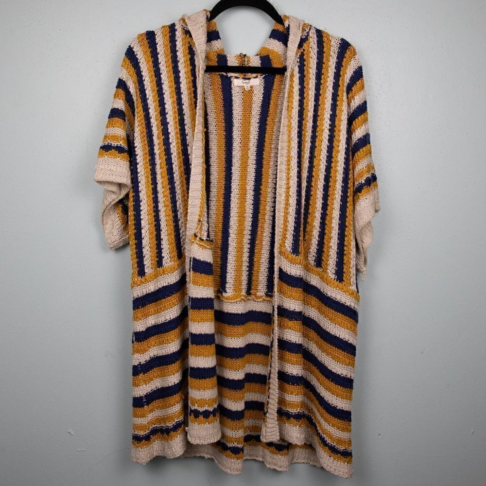 Easel stripe loose knit short sleeve hooded open cardigan-M